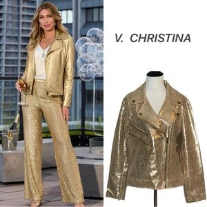V CHRISTINA ROSE GOLD GLAM CRACKLED FAUX LEATHER MOTO JACKET **NWT**